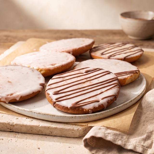 Frisch glasierte Amerikaner mit weißer Zuckerglasur und feinen Schokoladenstreifen auf Backpapier – Pampered Chef® Rezept