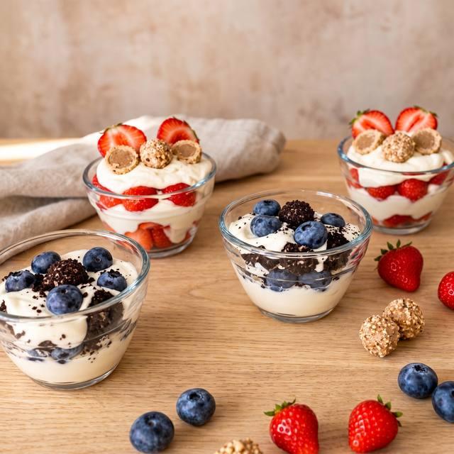 Beeren-Giotto-Dessert in kleinen Gläsern, geschichtet mit Joghurtcreme, Beeren und Giotto-Pralinen