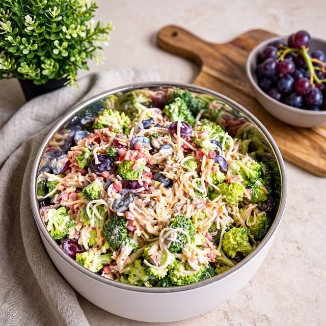 Brokkoli-Trauben-Salat mit Katenschinken, Mandelstiften und Sonnenblumenkernen in einer Edelstahlschüssel – Pampered Chef® Rezept