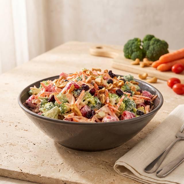 Brokkolisalat mit Möhren, Cocktailtomaten, Cashewkernen und Cranberrys in einer grauen Schüssel – Pampered Chef® Rezept