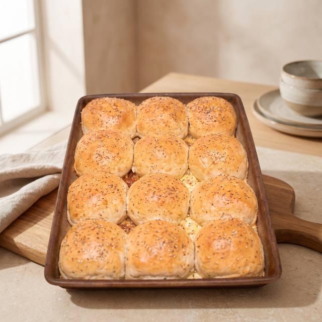 Goldene, fluffige Burger Buns mit Sesam auf einer Stoneware-Backform – Pampered Chef® Rezept