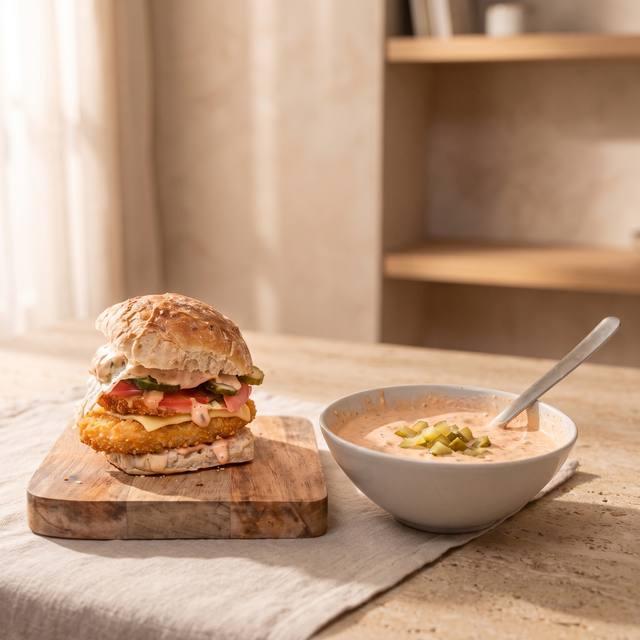 Schüssel mit cremiger Burgersauce mit Gurkenstückchen neben einem Burger – Pampered Chef® Rezept