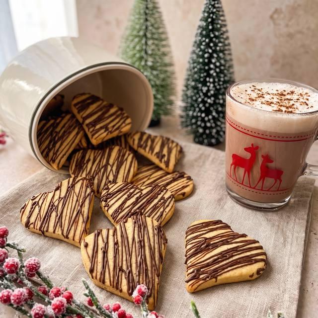 Herzförmige Butterplätzchen mit Kuvertüre-Streifen in einer Gebäckdose neben einer Tasse Kaffee – Pampered Chef® Rezept