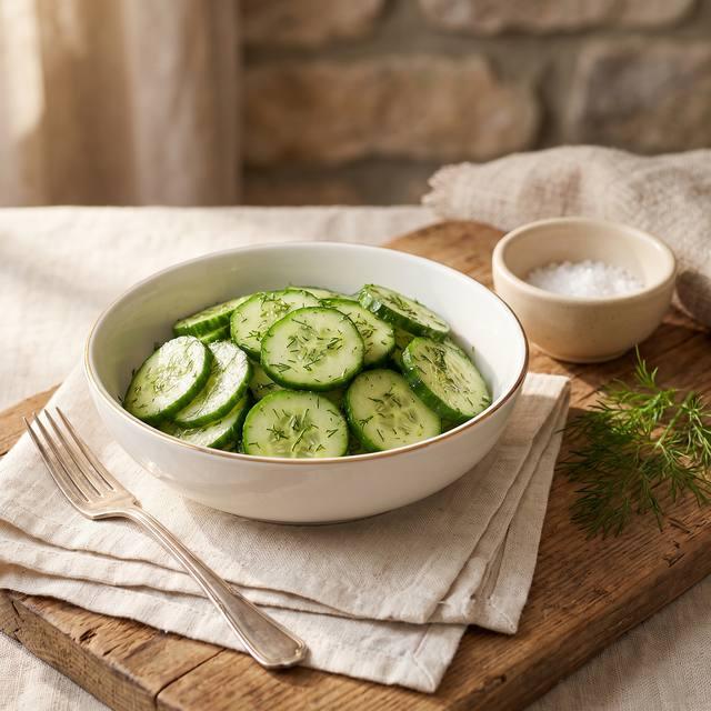 Dillgurken in einer weißen Schüssel, dünn geschnittene Gurkenscheiben mit Dill-Dressing – Pampered Chef® Rezept