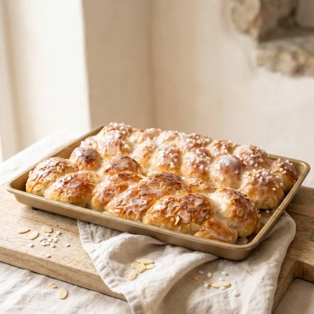Zwei frisch gebackene Hefezöpfe mit Mandelblättchen, Hagelzucker und Zuckerguss auf einem Blech – Pampered Chef® Rezept