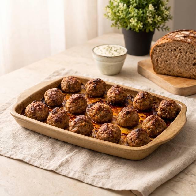 Frisch gebackene Frikadellen auf dem Pampered Chef® Großen Ofenzauberer Plus, im Hintergrund Kräuterquark, Paprikastreifen und Brot