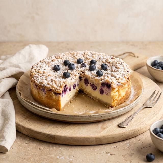 Angeschnittener fruchtiger Käsekuchen mit Streuseln, Heidelbeeren und Puderzucker – Pampered Chef® Rezept