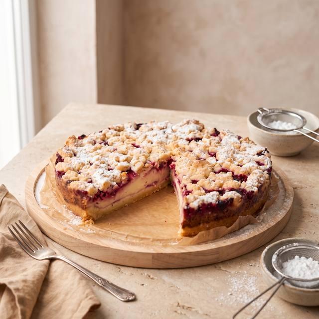 Fruchtiger Streuselkuchen mit Vanillepudding und Himbeeren, ein Stück angeschnitten – Pampered Chef® Rezept