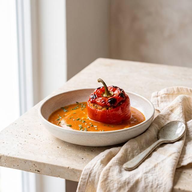 Gefüllte Paprika in cremiger Tomaten-Sahnesoße mit Kartoffelpüree auf einem Teller, im Hintergrund der Pampered Chef® Ofenmeister