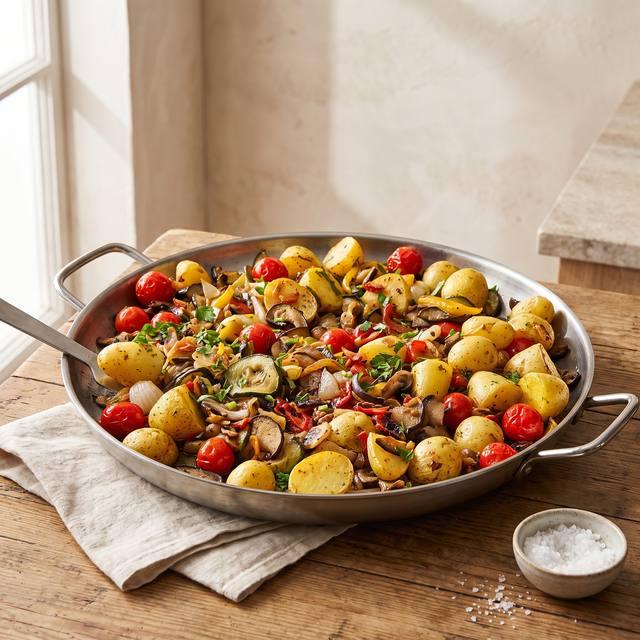 Grillgemüse mit Röstkartoffeln, Kirschtomaten und Kräutern in der Pampered Chef® Gusseisernen Bratpfanne