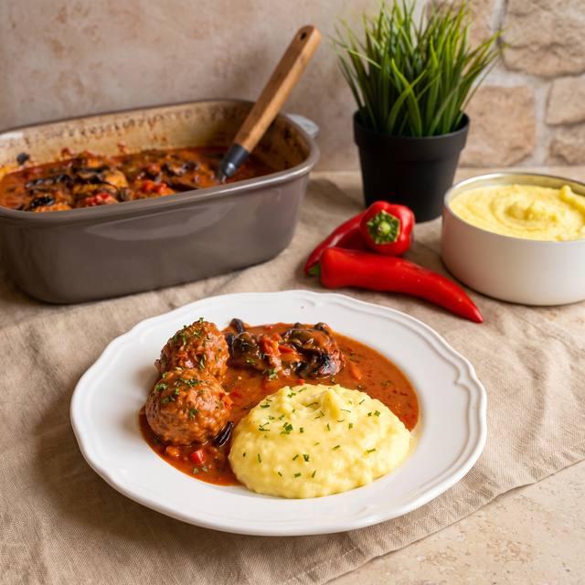 Hackbällchen in cremiger Tomatensahnesoße mit Kartoffelpüree auf einem Teller, im Hintergrund der Pampered Chef® Ofenmeister
