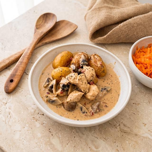 Hähnchen-Filettopf mit Champignons und Kartoffeln in cremiger Sauce auf einem Teller – Pampered Chef® Rezept
