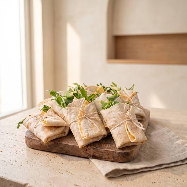 Gerollte Hähnchen-Wraps mit Rucola, mit Küchengarn gebunden – Pampered Chef® Rezept