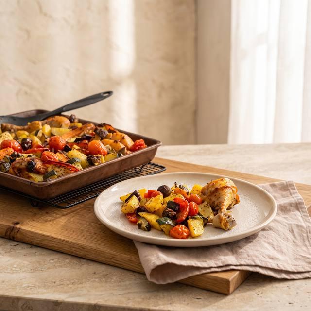 Hähnchenschenkel mit Kartoffeln und Gemüse vom Pampered Chef® Großen Ofenzauberer