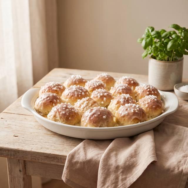 Frisch gebackene Hefebällchen mit Zuckerguss und Hagelzucker in einer runden Auflaufform – Pampered Chef® Rezept