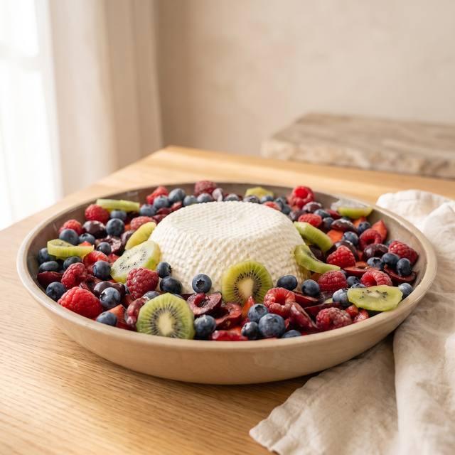 Weiße Joghurtbombe umgeben von frischen Früchten und Beeren auf einer Platte – Pampered Chef® Rezept