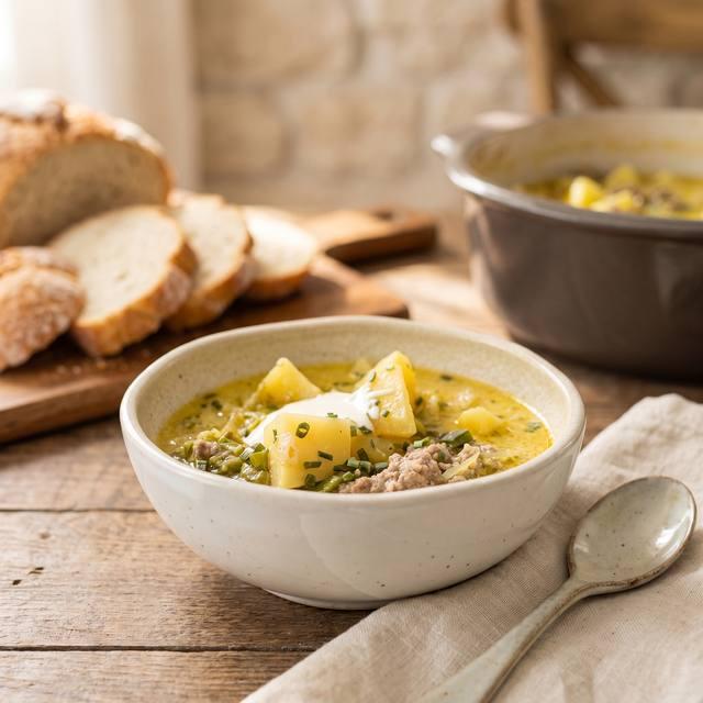Käse-Lauch-Suppe mit Hackfleisch und Kartoffeln in einer Schale, mit Brot im Hintergrund – Pampered Chef® Rezept