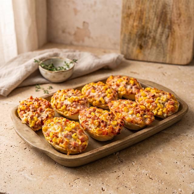 Überbackene Käse-Schinken-Brötchen mit Mais und Tomate auf einem Holzbrett – Pampered Chef® Rezept