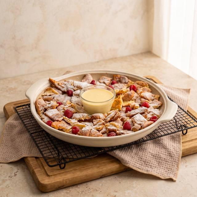 Kaiserschmarrn mit Puderzucker, Himbeeren und Vanillesoße auf dem Pampered Chef® Großen runden Stein „White Lady“