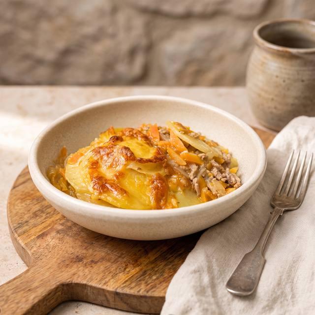 Kartoffel-Hackfleisch-Möhren-Gratin mit Käse überbacken in einer Schale, im Hintergrund die Auflaufform – Pampered Chef® Rezept
