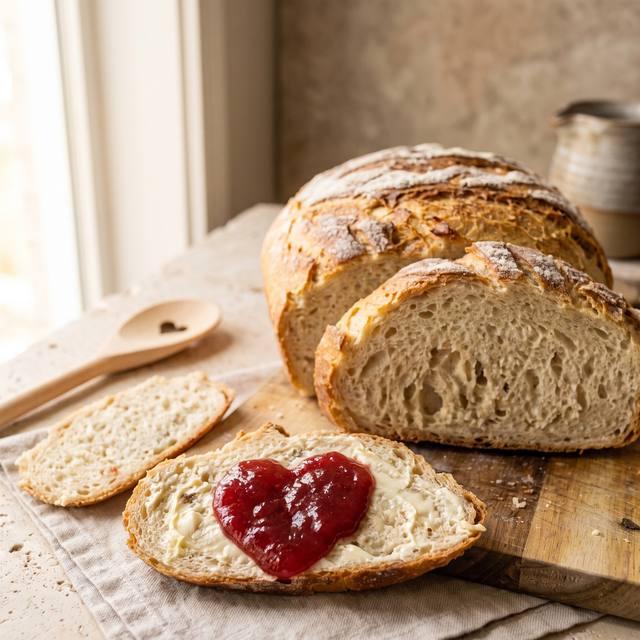 Aufgeschnittenes Kartoffelbrot, eine Scheibe mit Butter und herzförmiger Marmelade bestrichen – Pampered Chef® Rezept