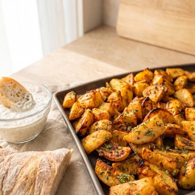 Knusprige Kartoffelwedges mit frischen Kräutern auf einem Blech, daneben ein Kräuter-Dip mit Brot – Pampered Chef® Rezept