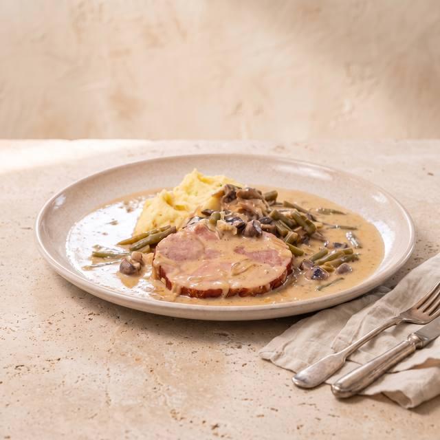 Kassler mit grünen Bohnen und Champignons in cremiger Soße – Pampered Chef® Rezept