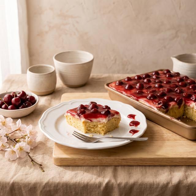 Ein Stück Kirschkuchen mit Buttercreme und glänzendem Kirsch-Tortenguss auf einem Teller – Pampered Chef® Rezept