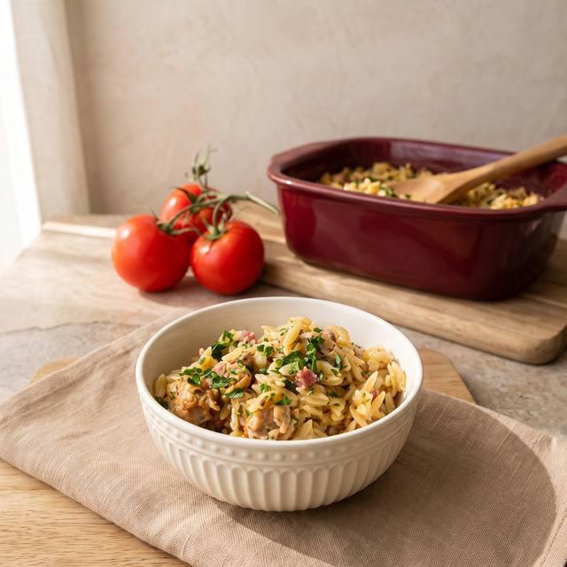 Cremiger Kritharaki Topf mit Hähnchen und Speck in einer weißen Schüssel, garniert mit frischer Petersilie – Pampered Chef® Rezept