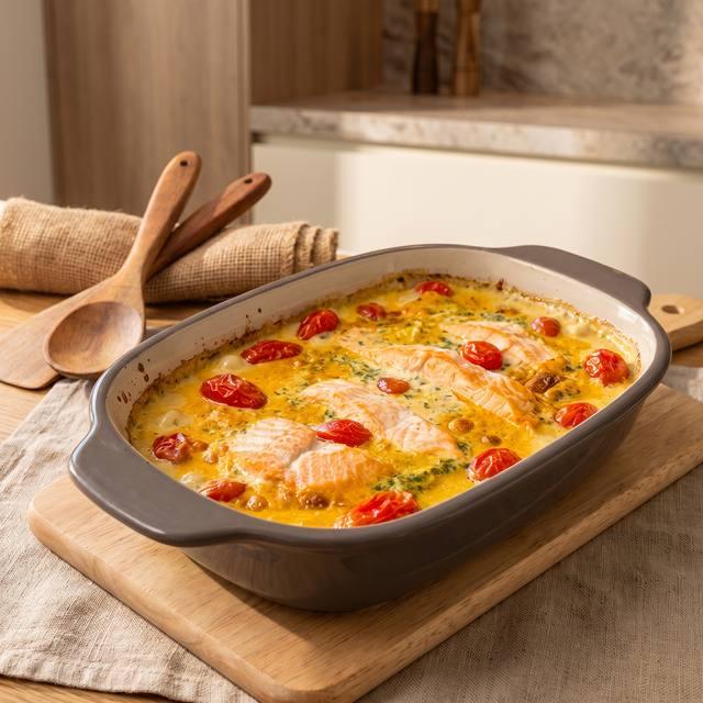 Cremige Lachs-Spinat-Pasta mit Cherrytomaten im Pampered Chef® Ofenmeister, direkt aus dem Ofen