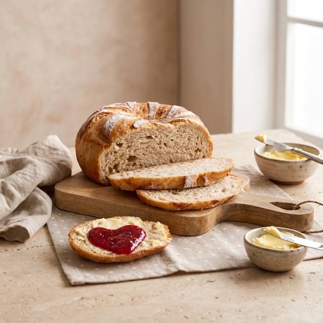 Aufgeschnittenes Landbrot mit knuspriger, bemehlter Kruste auf einem Holzbrett, eine Scheibe mit Butter und Marmelade davor – Pampered Chef® Rezept