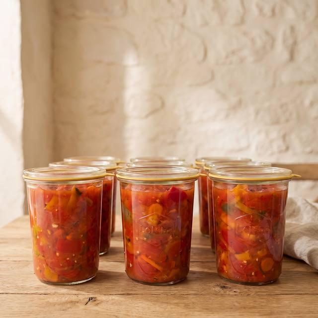Einmachgläser mit selbstgemachtem Letscho aus Paprika, Tomaten und Möhren – Pampered Chef® Rezept