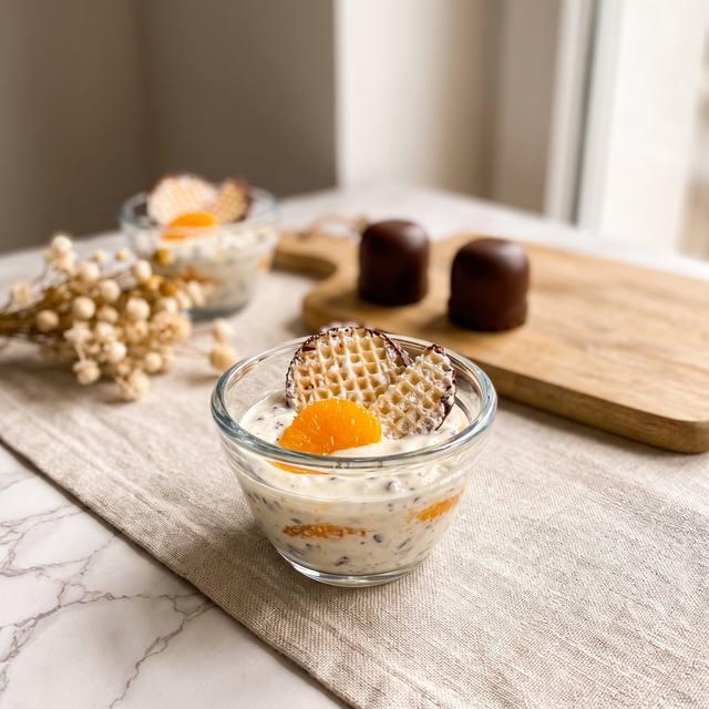 Mandarinen-Schokokuss-Quarkdessert in Dessertgläsern, garniert mit Mandarinenstückchen und Waffeln