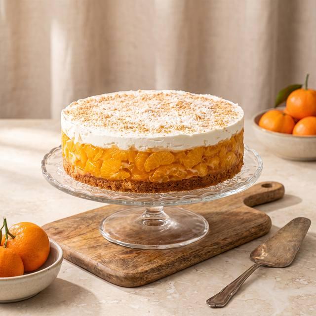 Mandarinentorte mit Sahnecreme und Mandarinen-Guss, mit Puderzucker und Zimt bestreut – Pampered Chef® Rezept
