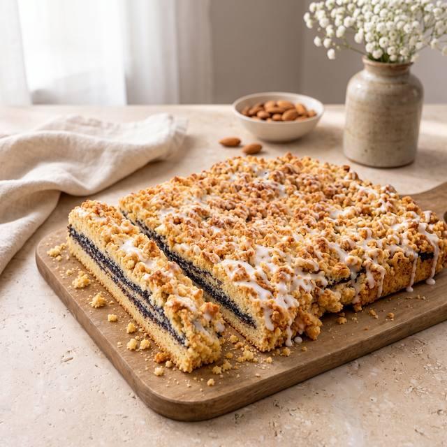 Angeschnittener Mohnstriezel mit Mandel-Streuseln und Zuckerguss auf einem Holzbrett – Pampered Chef® Rezept