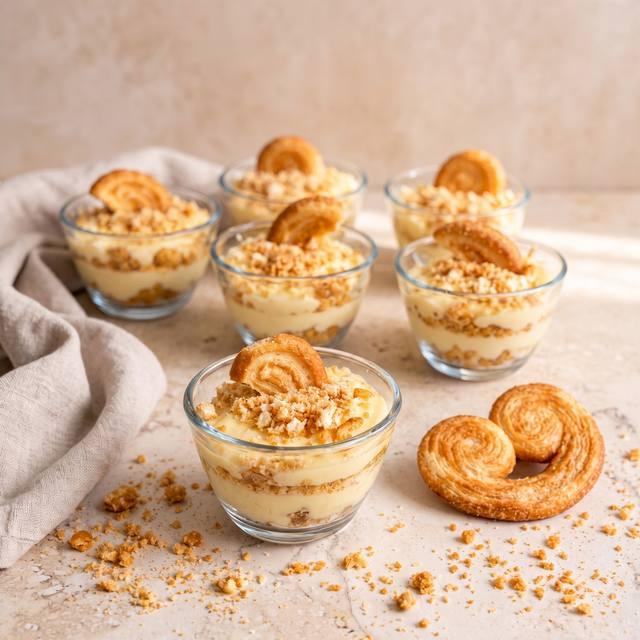 Napoleon-Dessert in kleinen Gläsern, geschichtet mit Vanillecreme und zerkrümelten Schweineöhrchen, dekoriert mit einem ganzen Schweineohr