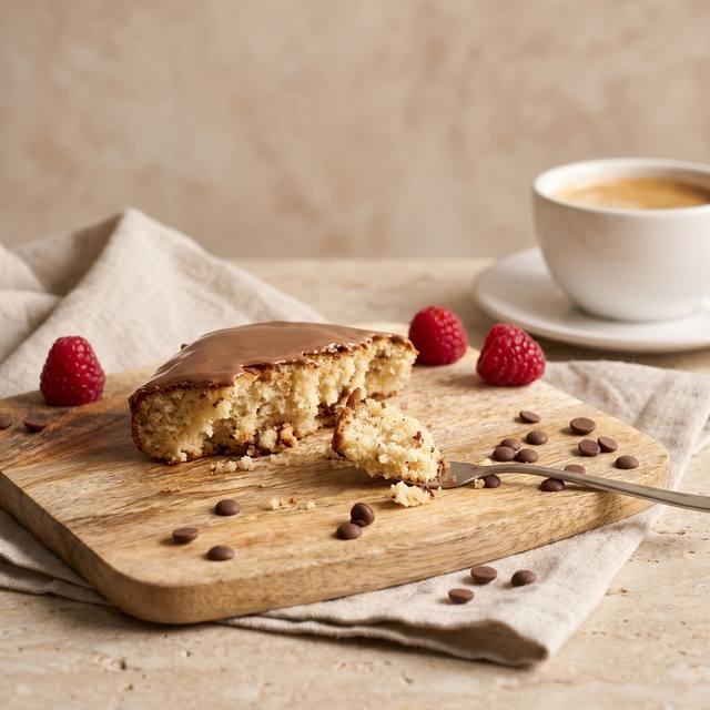 Aufgeschnittener Nuss-Schokokuchen mit Haselnuss-Glasur, Himbeeren und Schokotröpfchen auf einem Holzbrett – Pampered Chef® Rezept