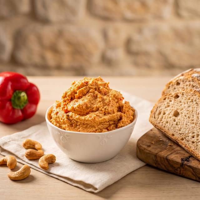 Paprika-Cashew-Käse-Dip in einer weißen Schüssel mit Cashewkernen und Brot im Hintergrund
