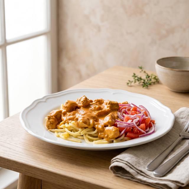 Paprika-Curry-Hähnchen mit cremiger Sauce auf Nudeln, dazu Tomaten-Zwiebel-Salat – Pampered Chef® Rezept