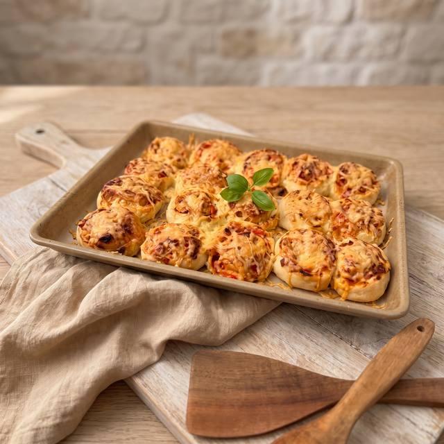 Frisch gebackene Pizzaschnecken mit goldbraunem Käse auf einem Backblech, garniert mit Basilikum – Pampered Chef® Rezept