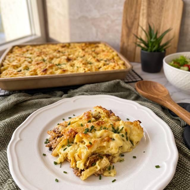 Pommdöner-Auflauf mit Döner, Pommes und überbackenem Gouda, angerichtet auf einem Teller – Pampered Chef® Rezept