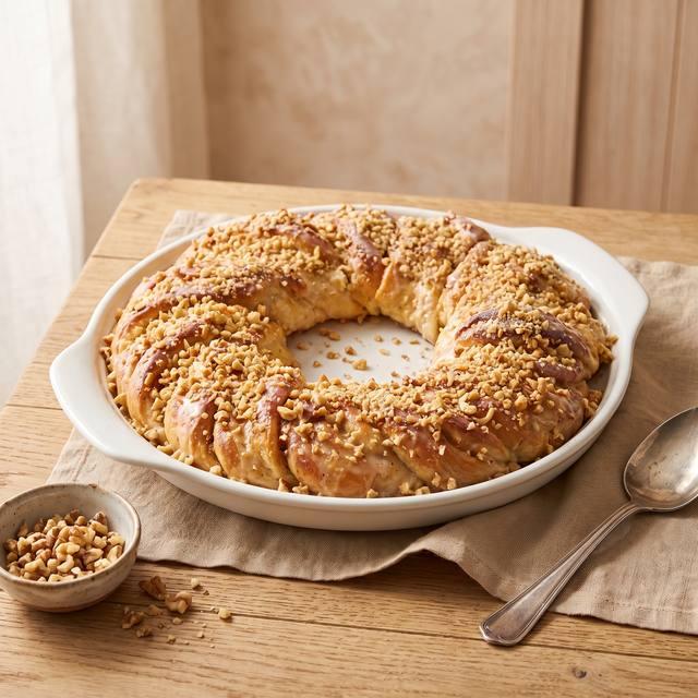 Geflochtener Puddingkranz mit Zuckerguss und gehackten Walnüssen auf einem weißen Teller, daneben eine Tasse Kaffee – Pampered Chef® Rezept