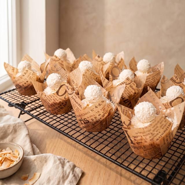 Raffaello-Muffins mit weißer Schokolade und Kokosraspeln in Tulpenförmchen – Pampered Chef® Rezept