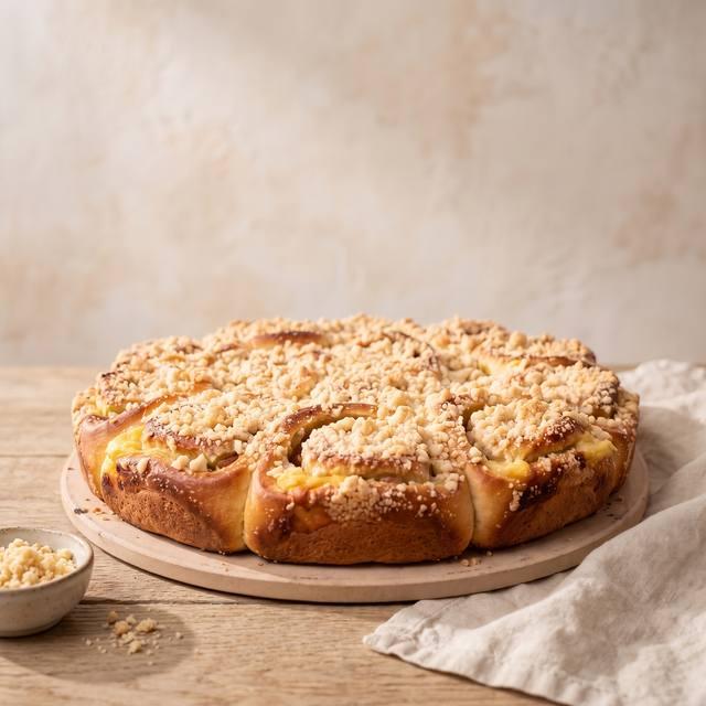 Rhabarber-Hefeschnecken mit Puddingcreme und Butterstreuseln auf einem runden Stein – Pampered Chef® Rezept