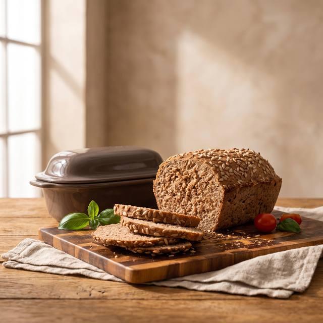 Aufgeschnittenes RuckZuck Vollkornbrot mit Körnerkruste auf einem Holzbrett – Pampered Chef® Rezept