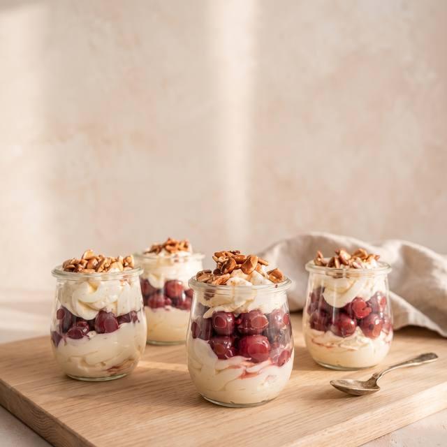 Schneewittchendessert in Gläsern mit Vanillecreme, Sauerkirschen und karamellisierten Mandeln – Pampered Chef® Rezept