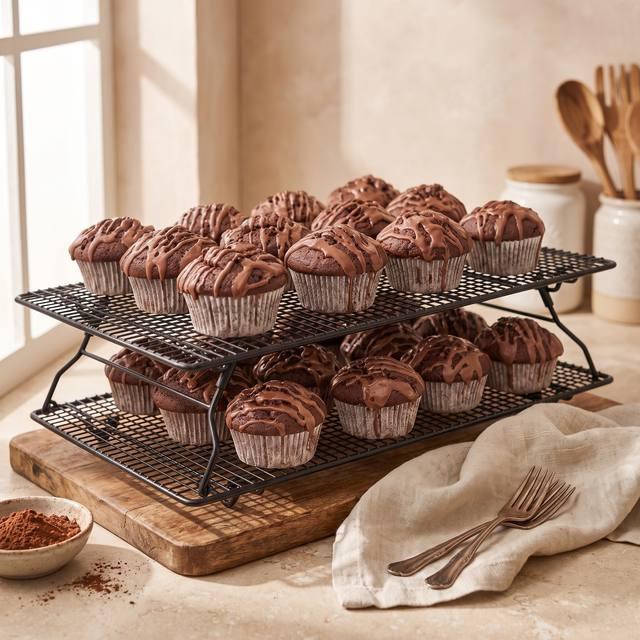 Schoko-Muffins mit Schokoladenglasur auf einem Kuchengitter – Pampered Chef® Rezept