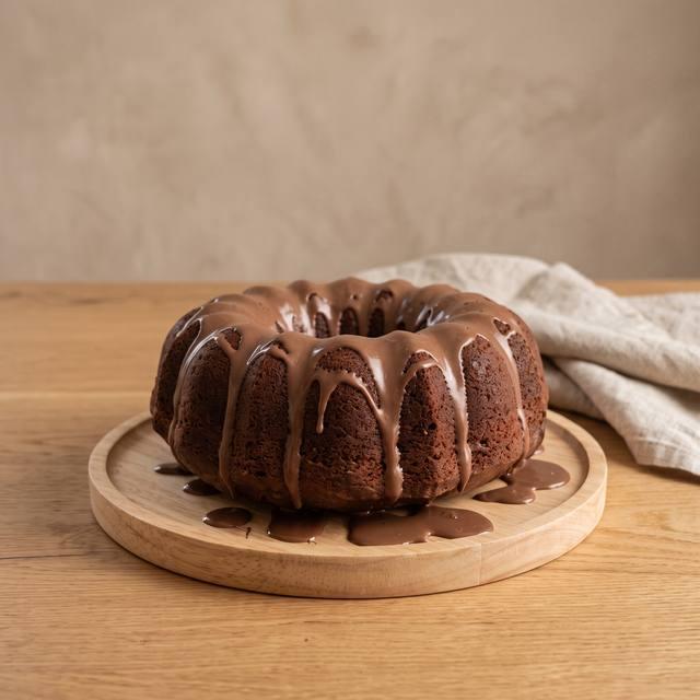 Saftiger Schokoladen-Gugelhupf mit Paradiescreme auf einem Holzbrett – Pampered Chef® Rezept