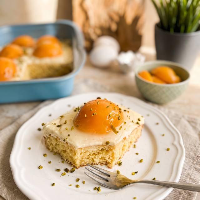 Ein Stück Spiegeleikuchen mit Schmandcreme, Pfirsichhälfte und Pistazien auf einem Teller – Pampered Chef® Rezept