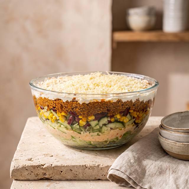 Taco-Salat mit Hackfleisch, Gemüse und geriebenem Käse geschichtet in der Pampered Chef® Glas-Rührschüssel